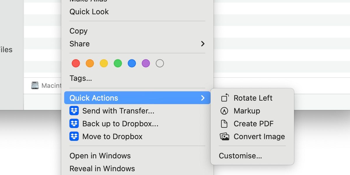 Mac Finder Quick Actions menu