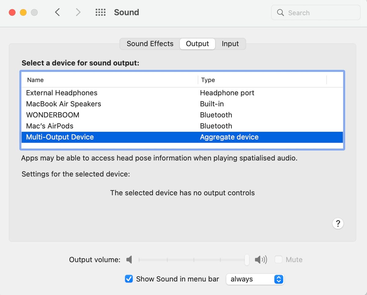 Mac sound output preferences with multi-output device selected