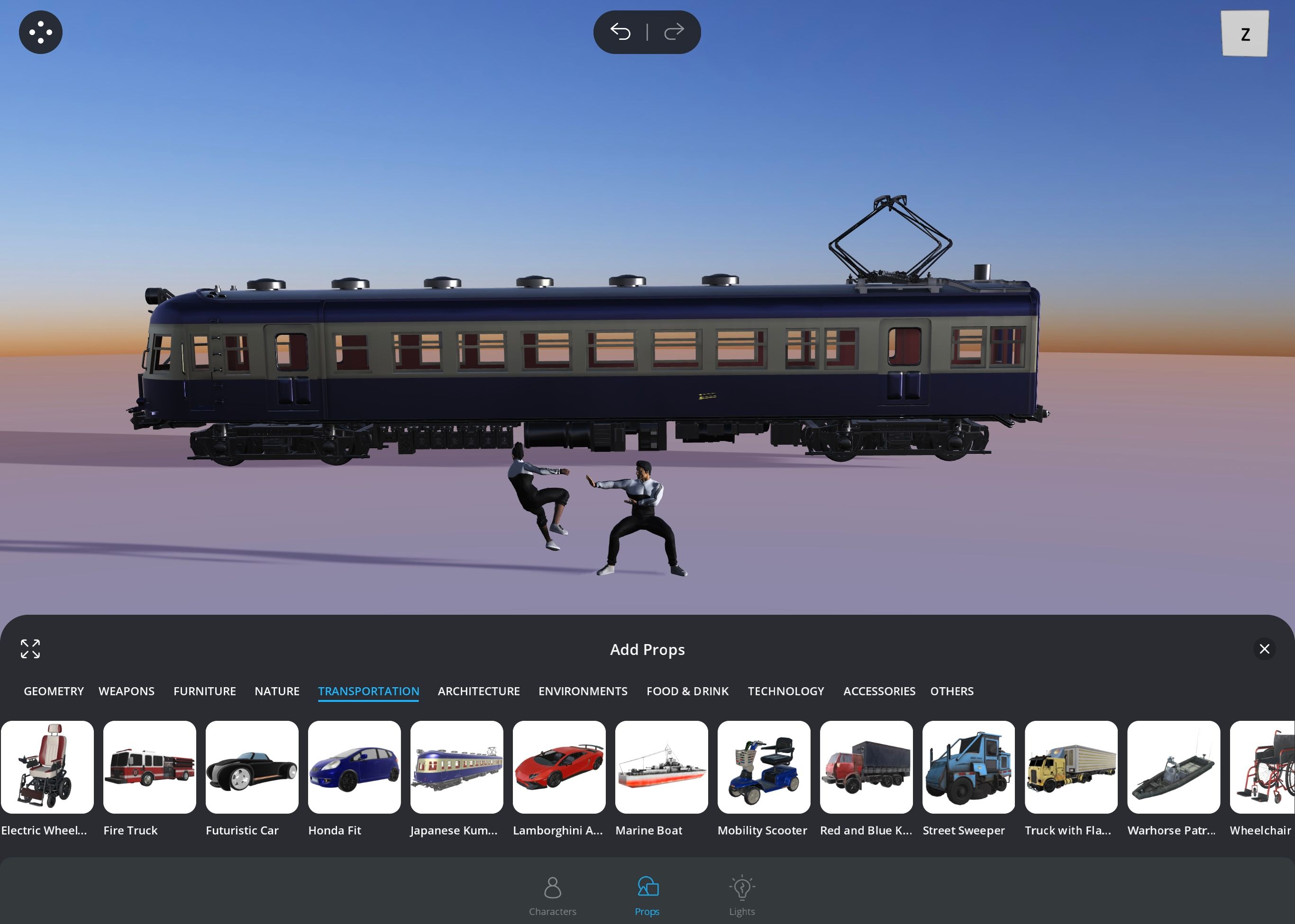 Scene of 3D man and woman fighting in front of a train with the Props menu on display