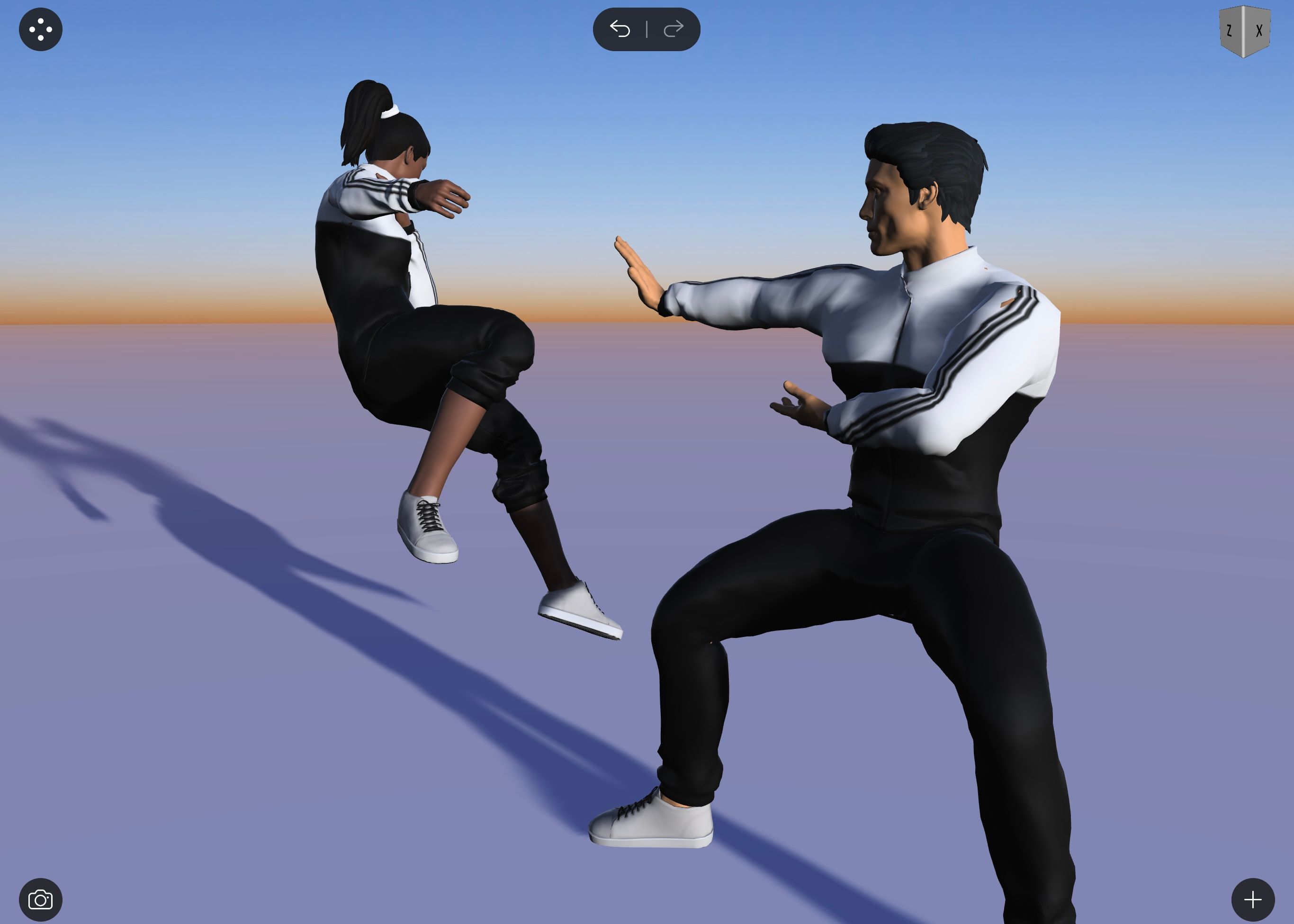 Zoomed in scene of man and woman 3D figures engaged in a fight scene