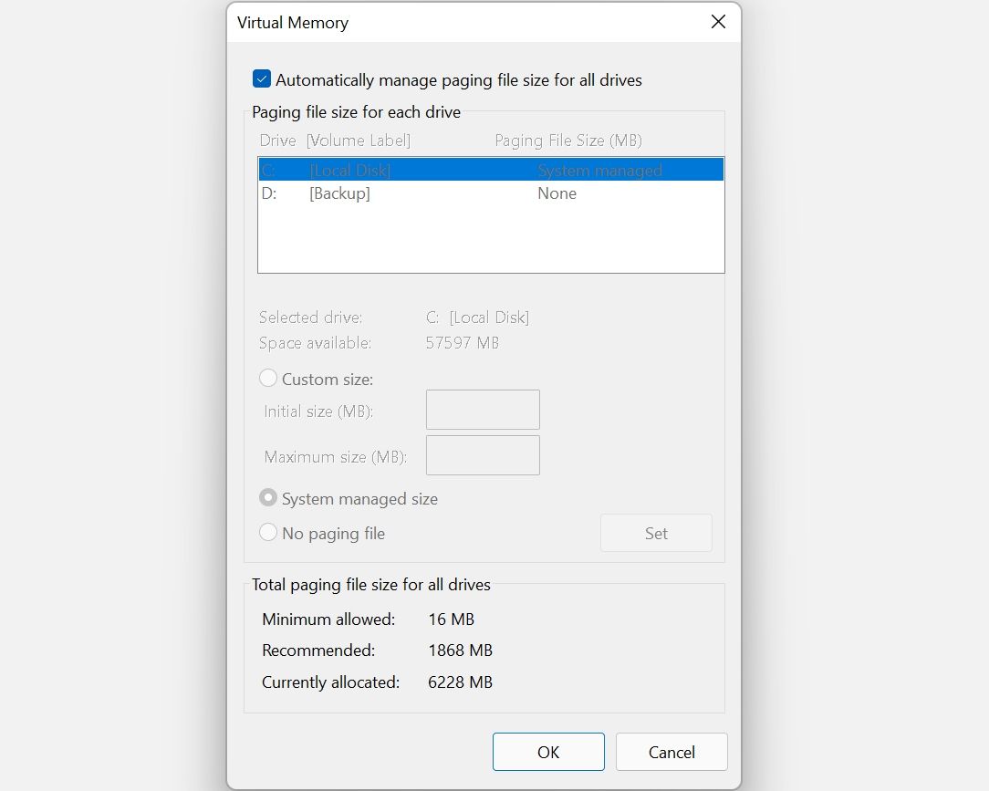 Paging file size option in Windows 11.