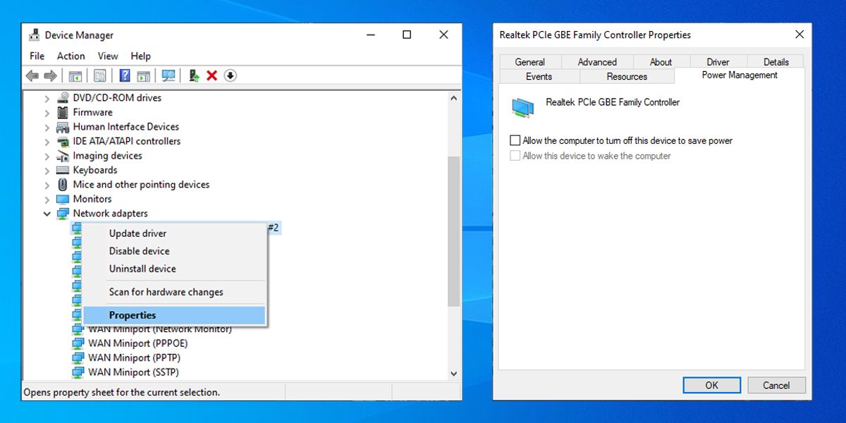 Power management settings in Windows 10