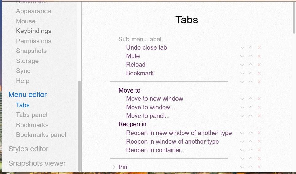 Screenshot showing Sidebery's menu editor 