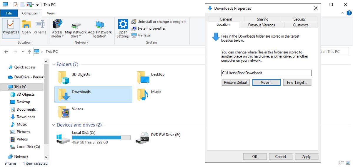 Folder properties in Windows 10
