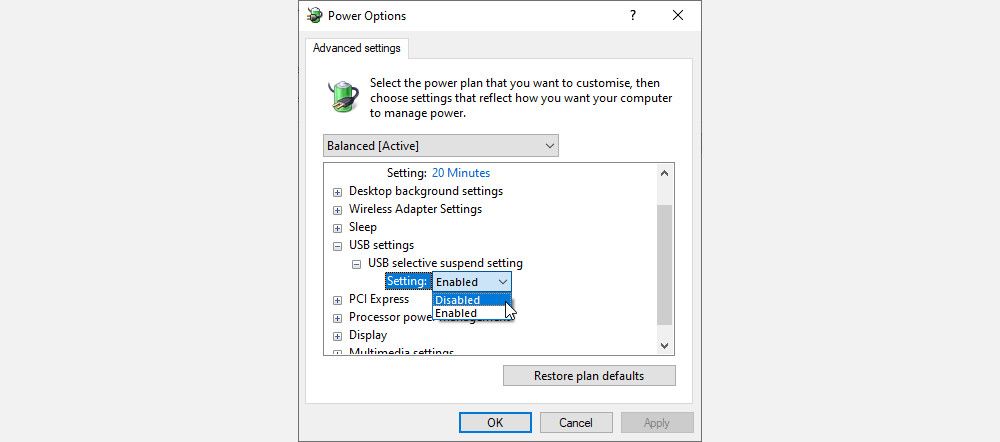 Alter USB power settings in Windows
