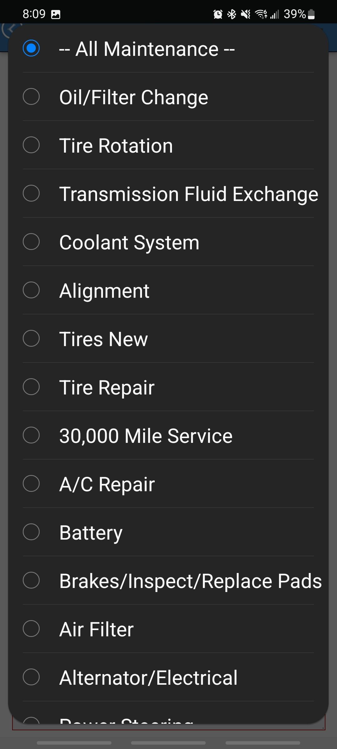 my ez car care app showing all available maintenance services