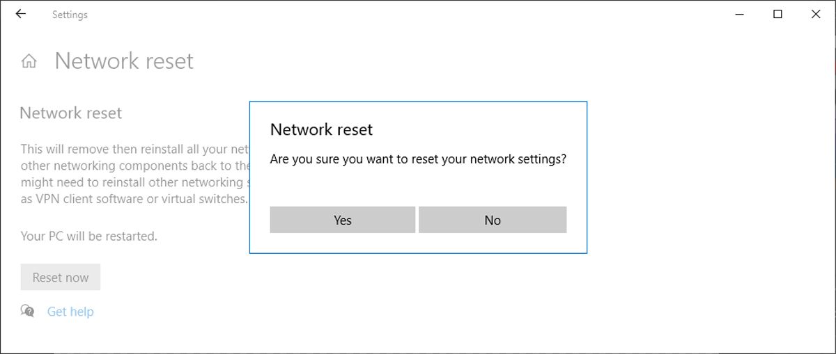 Network reset in Windows 10