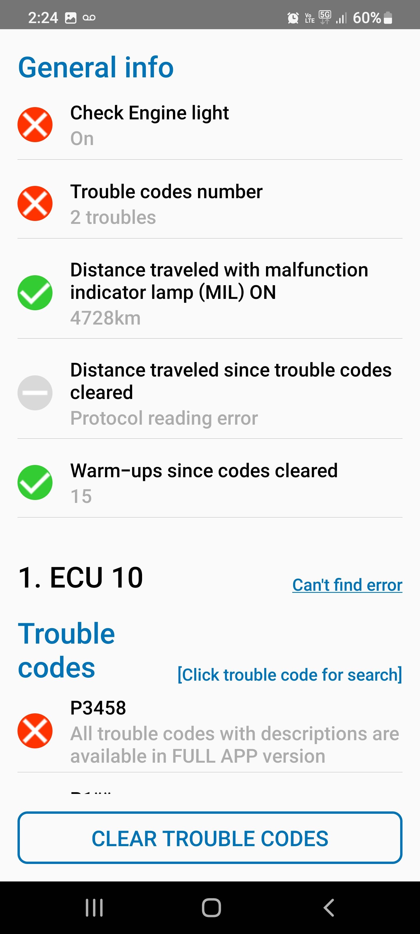 obd arny app screenshot showing menu designed to clear trouble codes