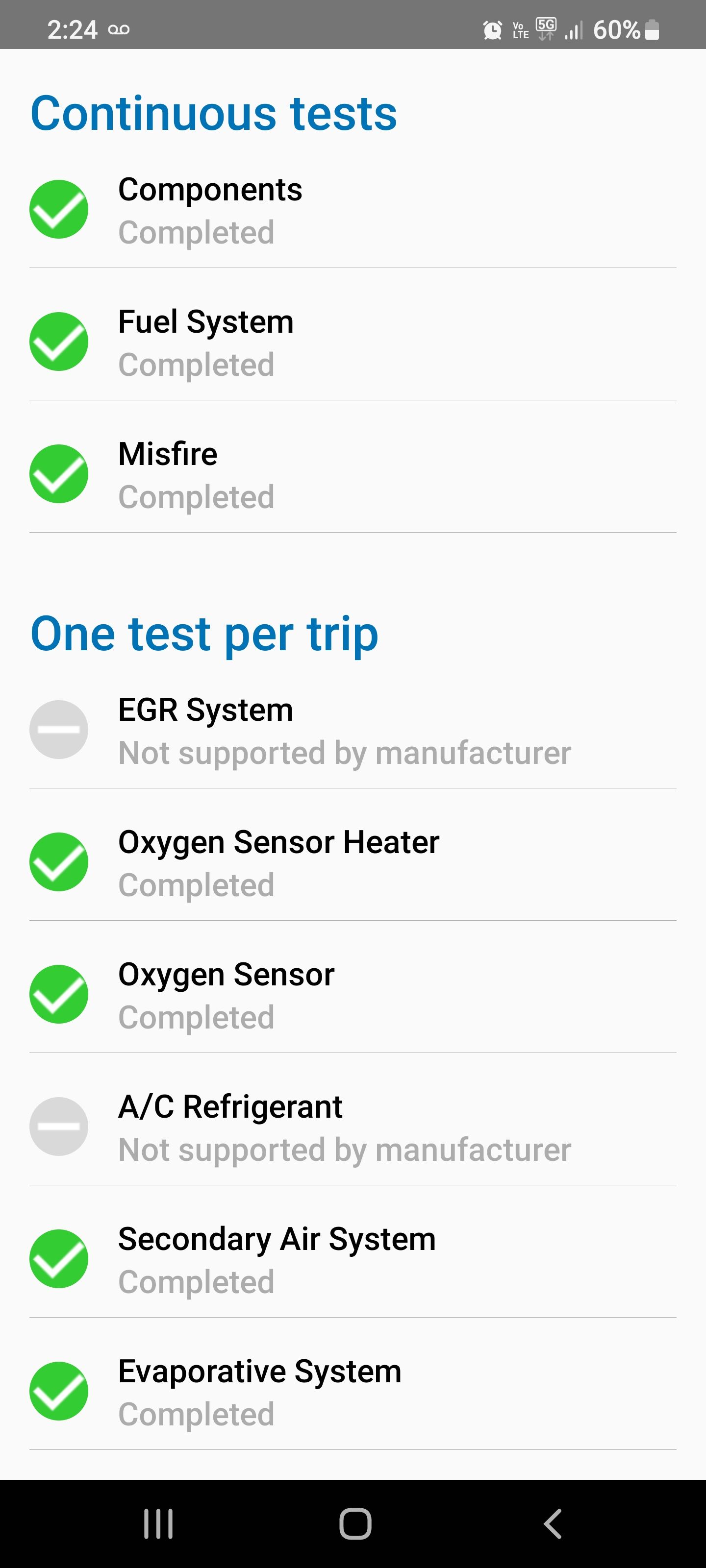 obd arny app screenshot showing window with continuous tests