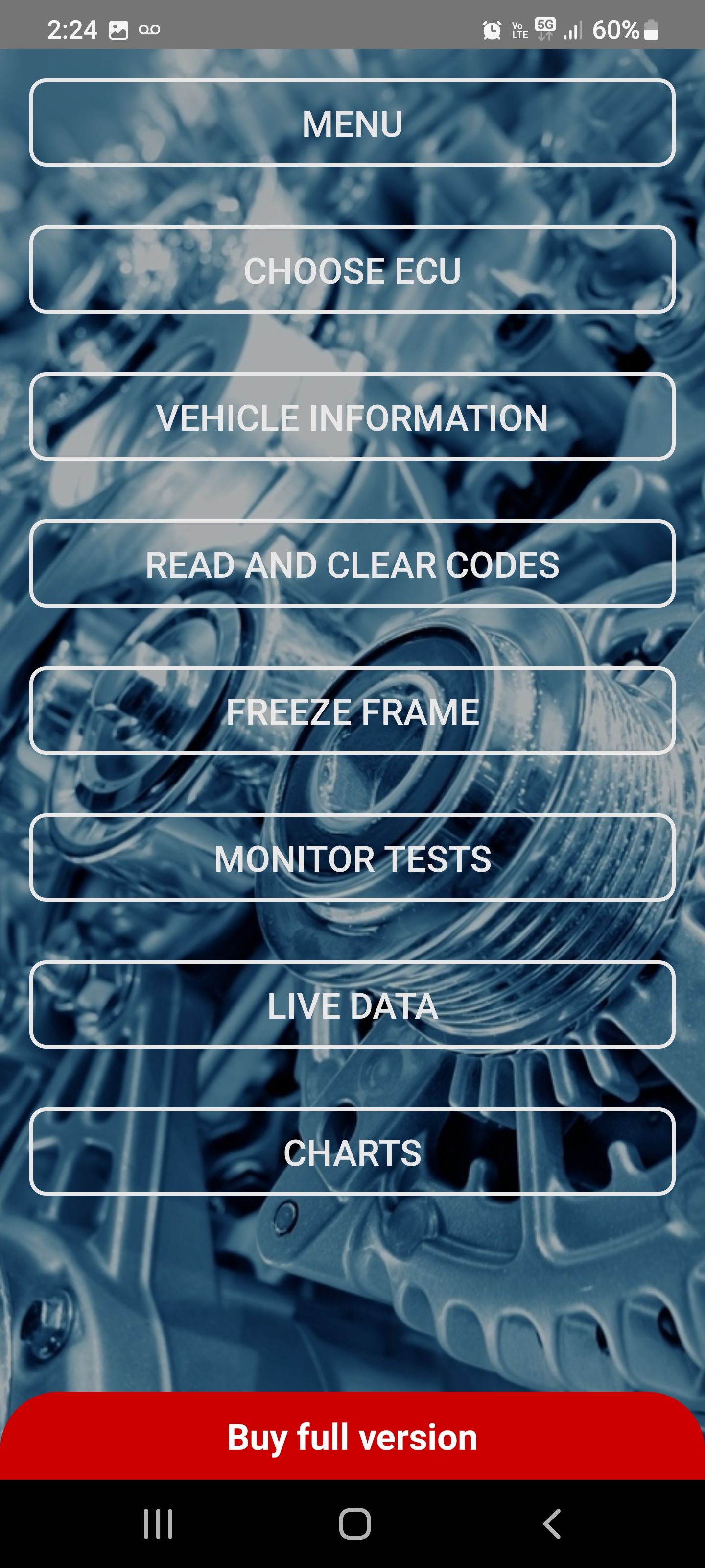 obd arny screenshot showing main app menu