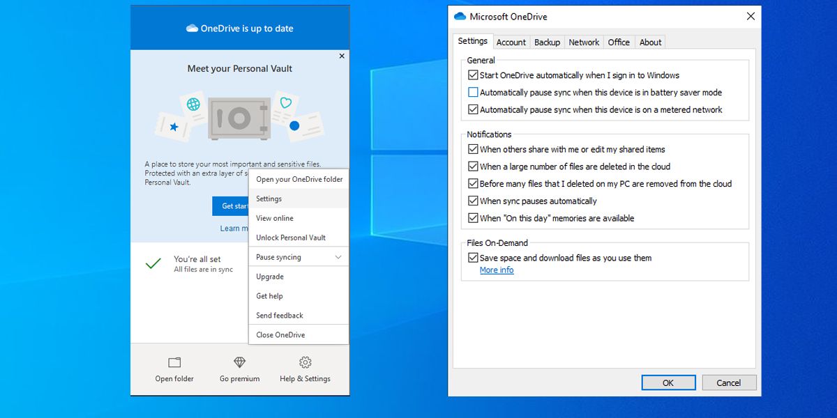 OneDrive settings in Windows 10.