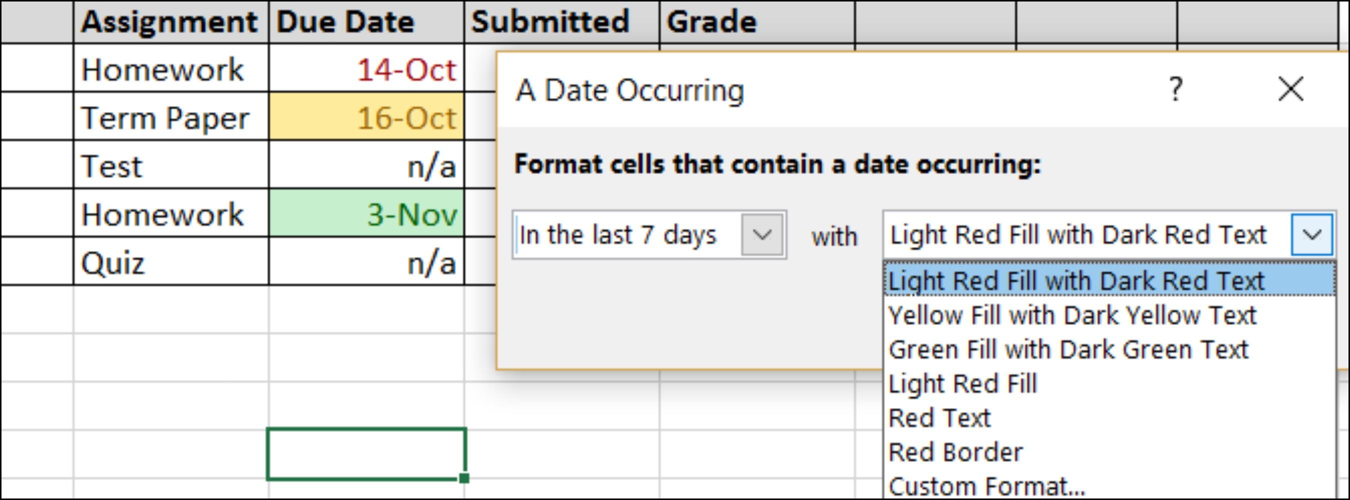 Assignment tracking using Conditional formatting