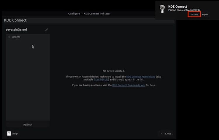 درخواست تأیید جفت شدن در سرویس گیرنده KDE Connect در لینوکس