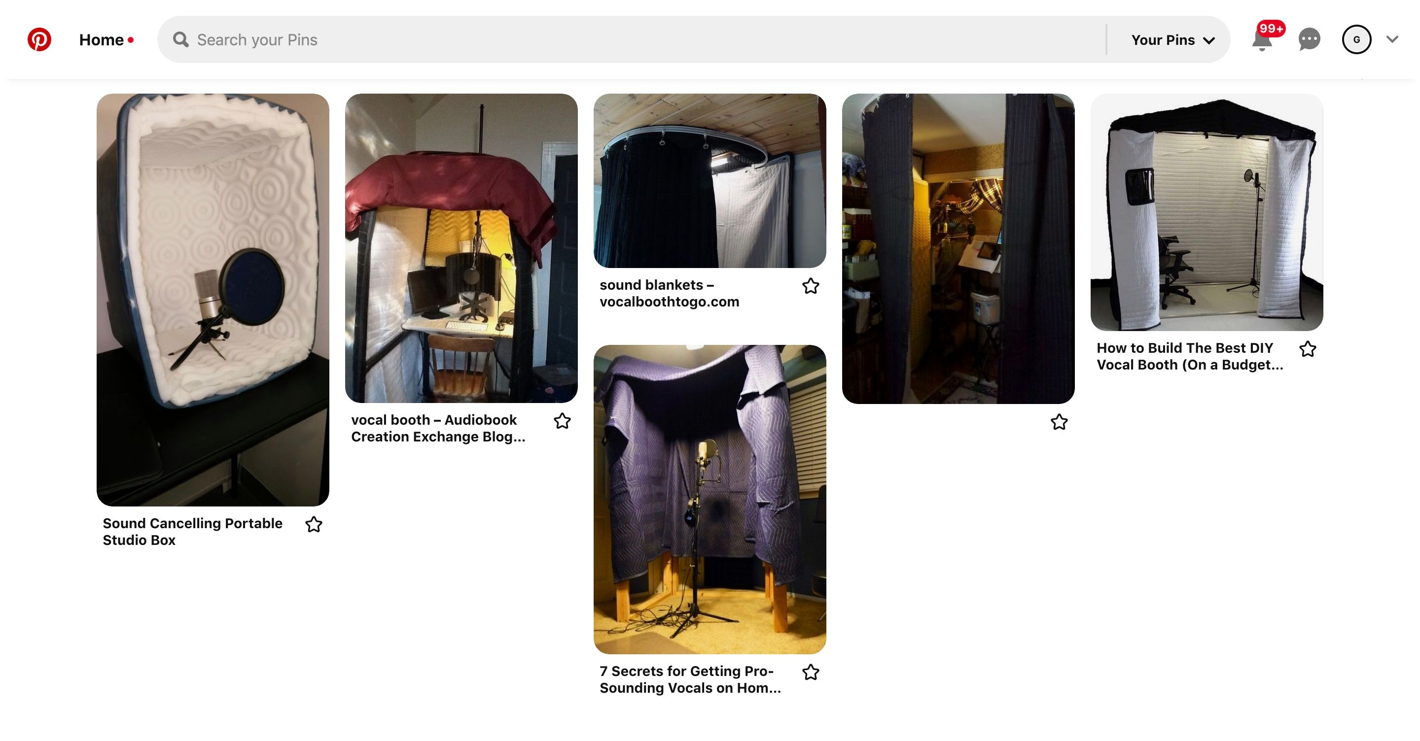 A screenshot from the website Pinterest showing different images of DIY recording booths made with blankets