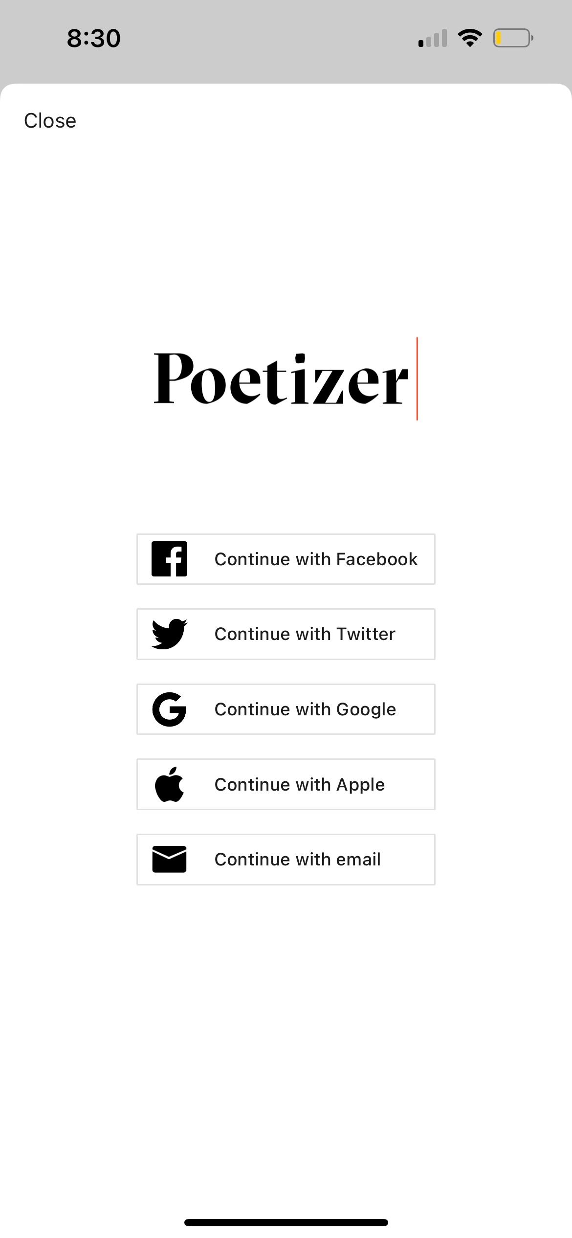 sign up page on poetizer app  