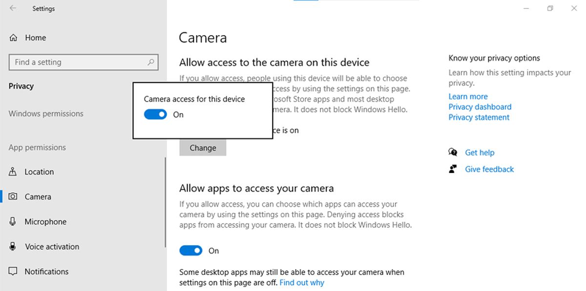 Windows 10 camera settings