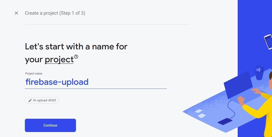 A Firebase project creation form requesting a project name
