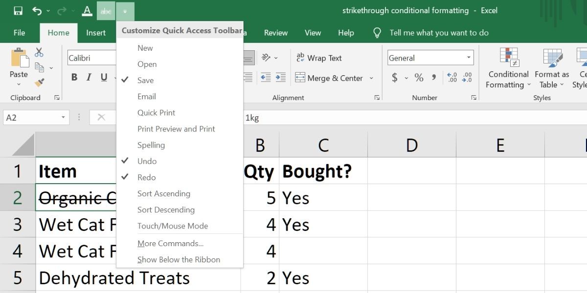 quick access toolbar in excel