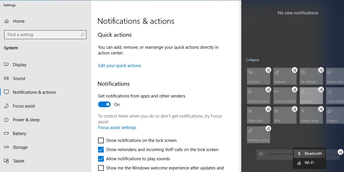 Quick action settings in Windows 10. 