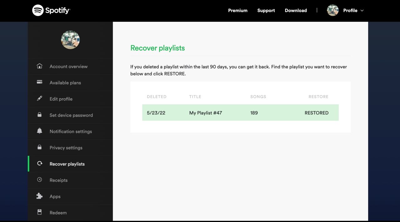 Restoring a deleted Spotify playlist