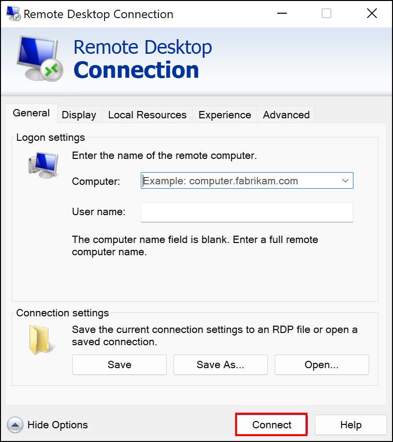 Remote desktop connection dialog