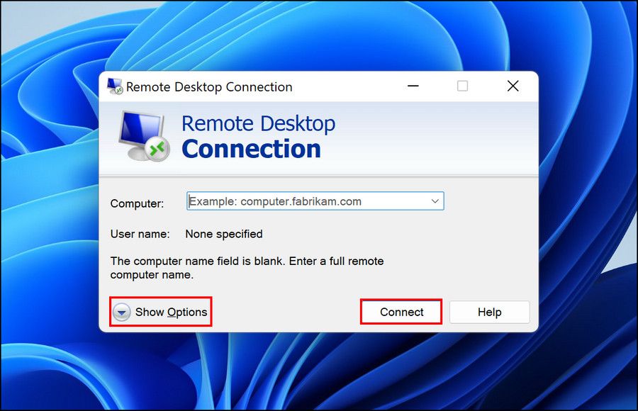 Remote desktop connection dialog