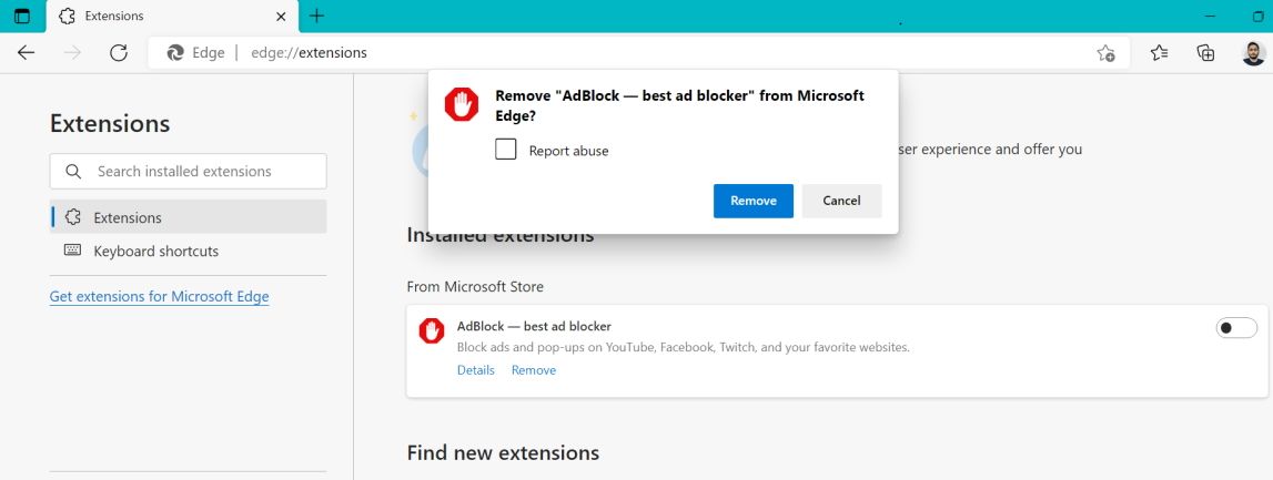 remove extensions page in edge