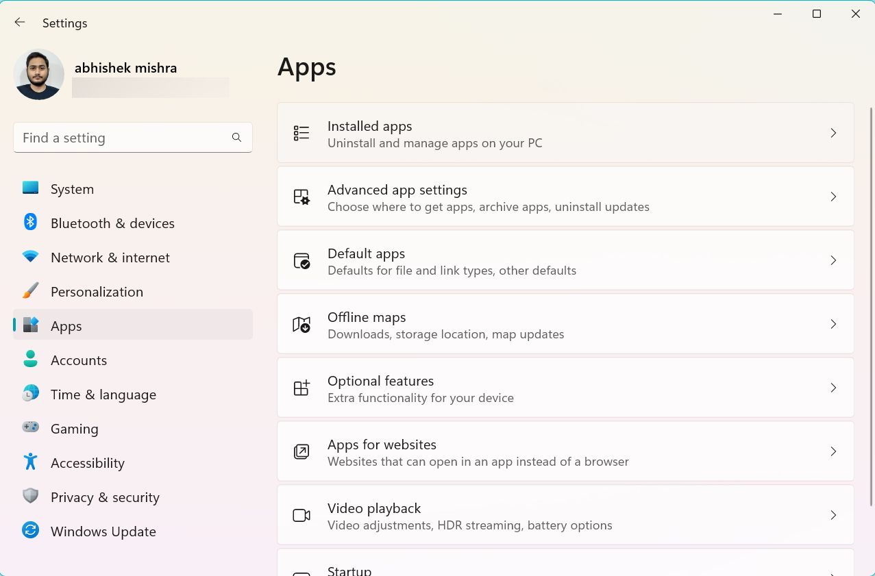 Apps section in Windows settings