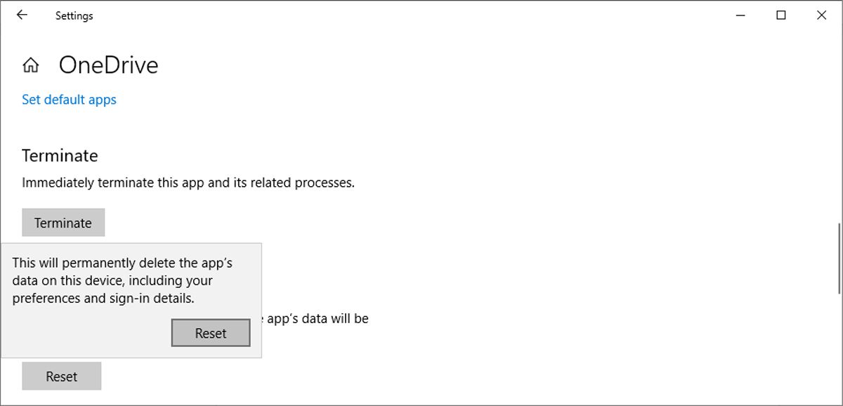 Resetting OneDrive in Windows 10.