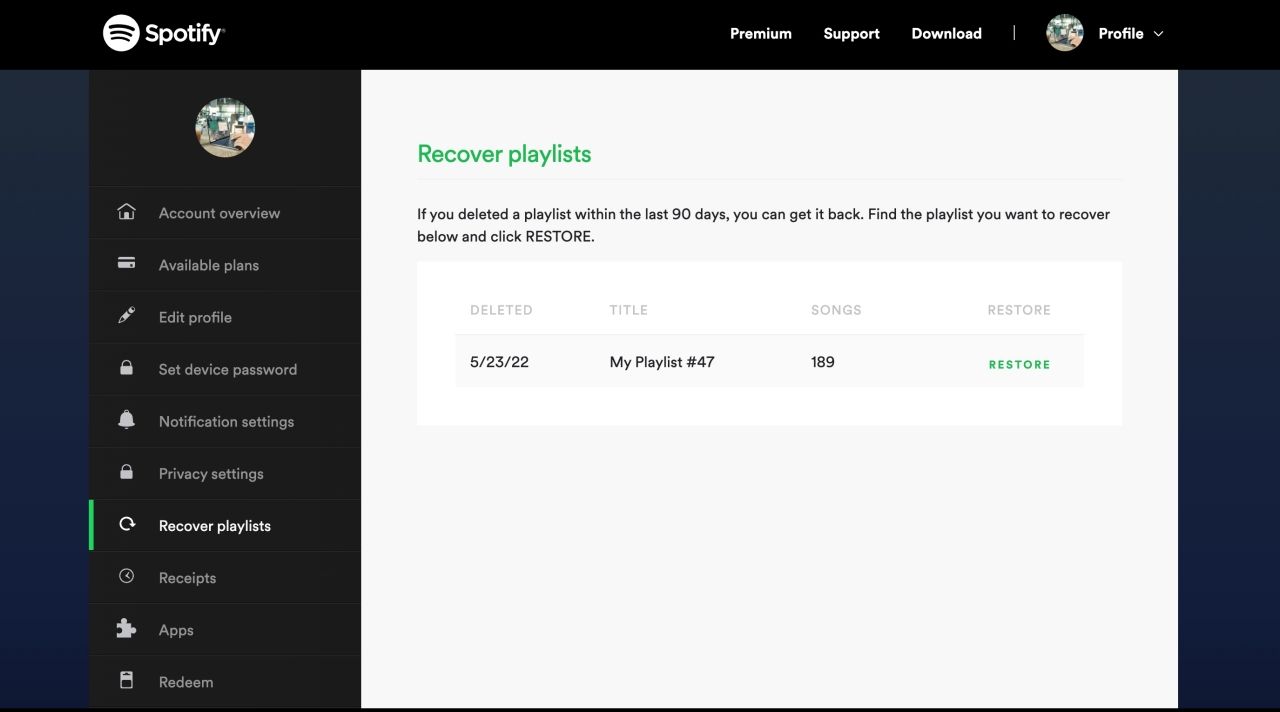 Spotify's Recover Playlists feature page