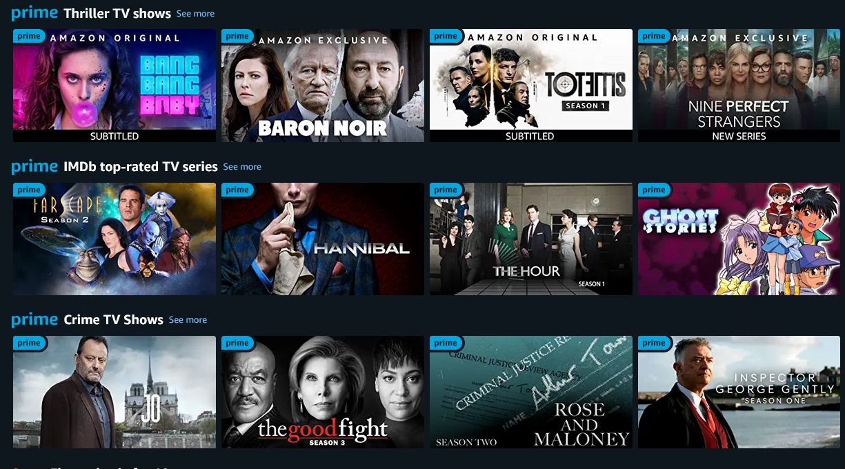 rows of content on prime video