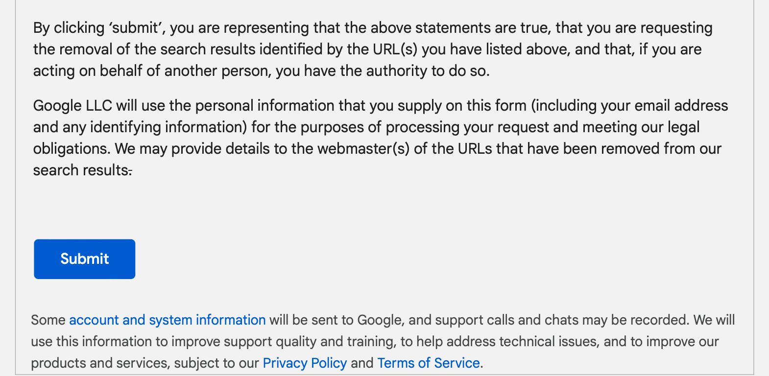 Submit button on Google search personal information removal form