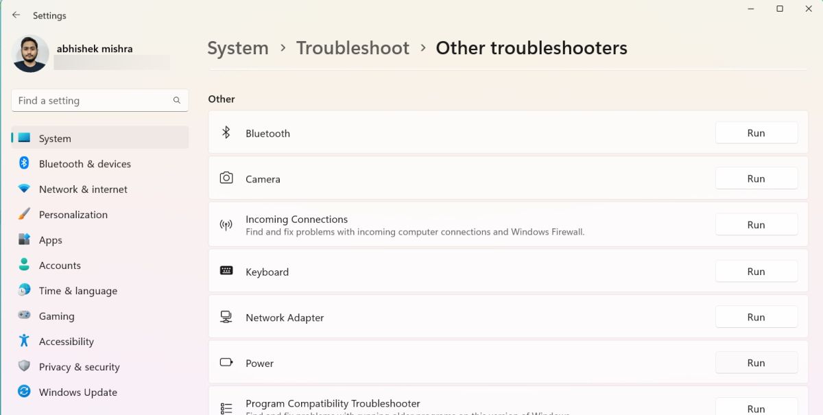 run power troubleshooter in settings