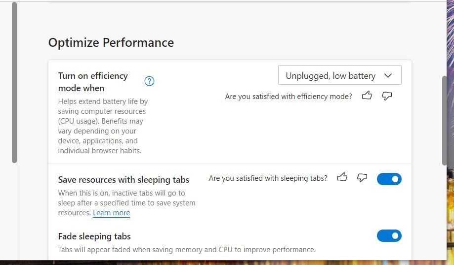 گزینه Save resources with sleeping Tabs