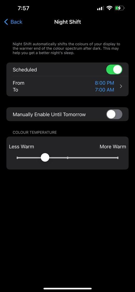 Screenshot of iPhone showing how to schedule night shift