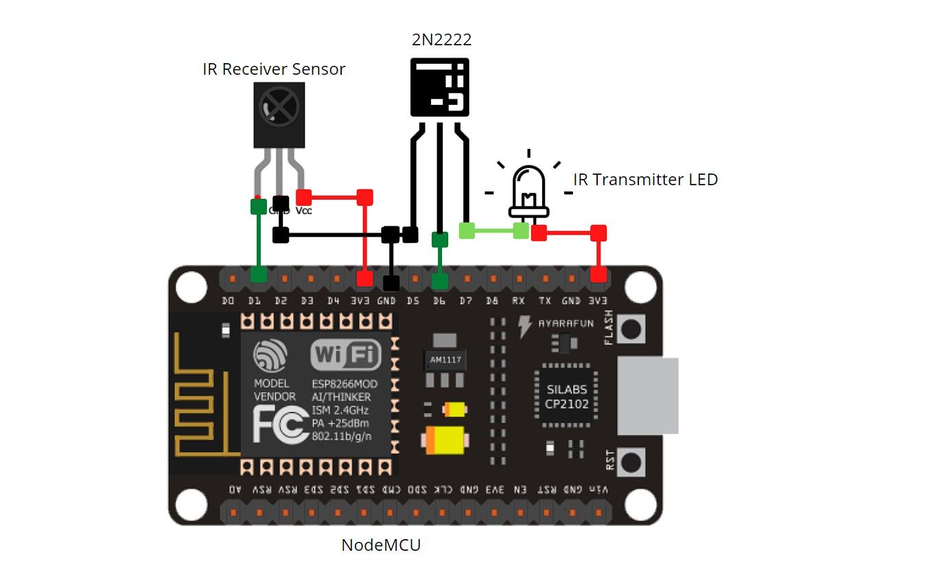 schematic diagram showing nodemcu connection with ir transmitter receiver sensor