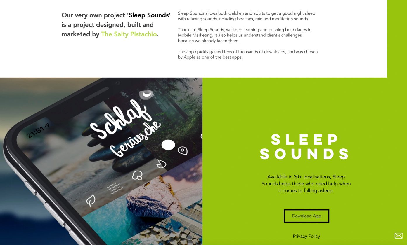 screenshot of Sleep Sounds app website showing the app on a phone
