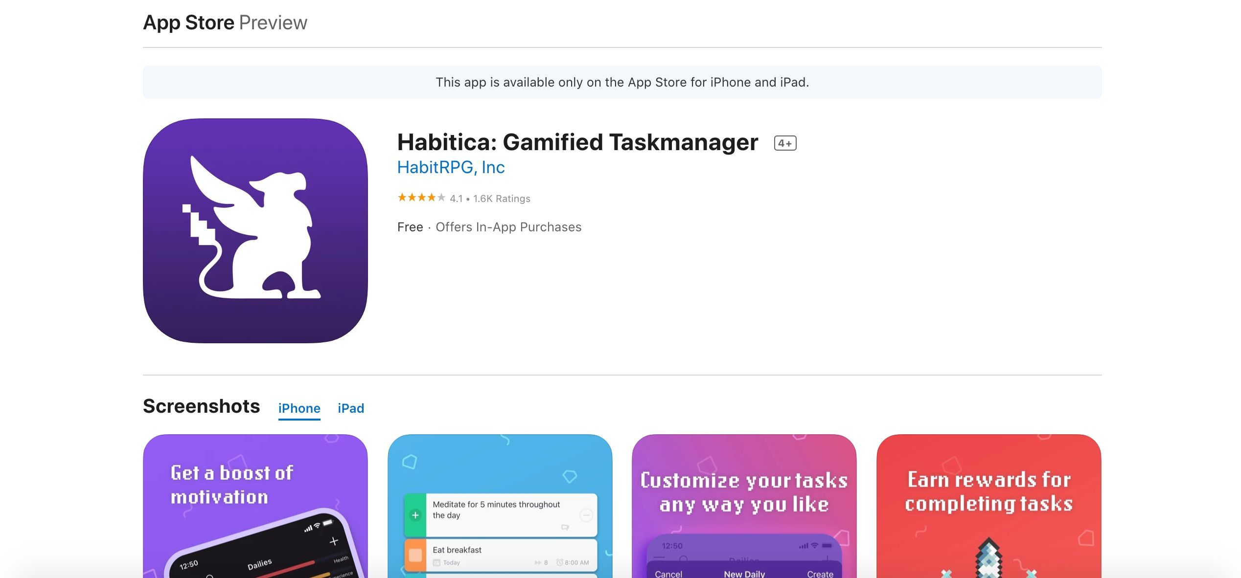 screenshot of habitica app on App Store