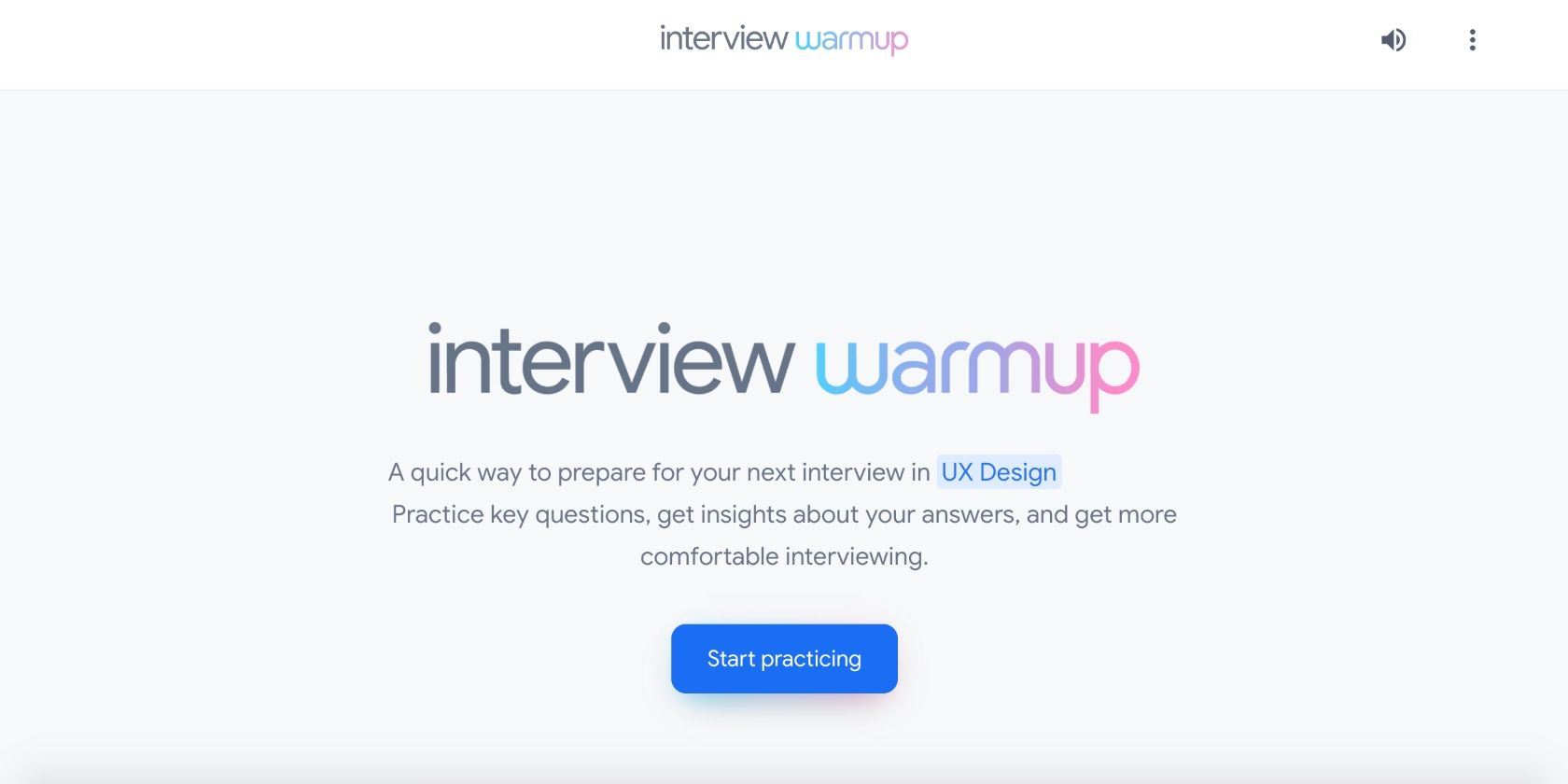 screenshot of interview warmup homepage