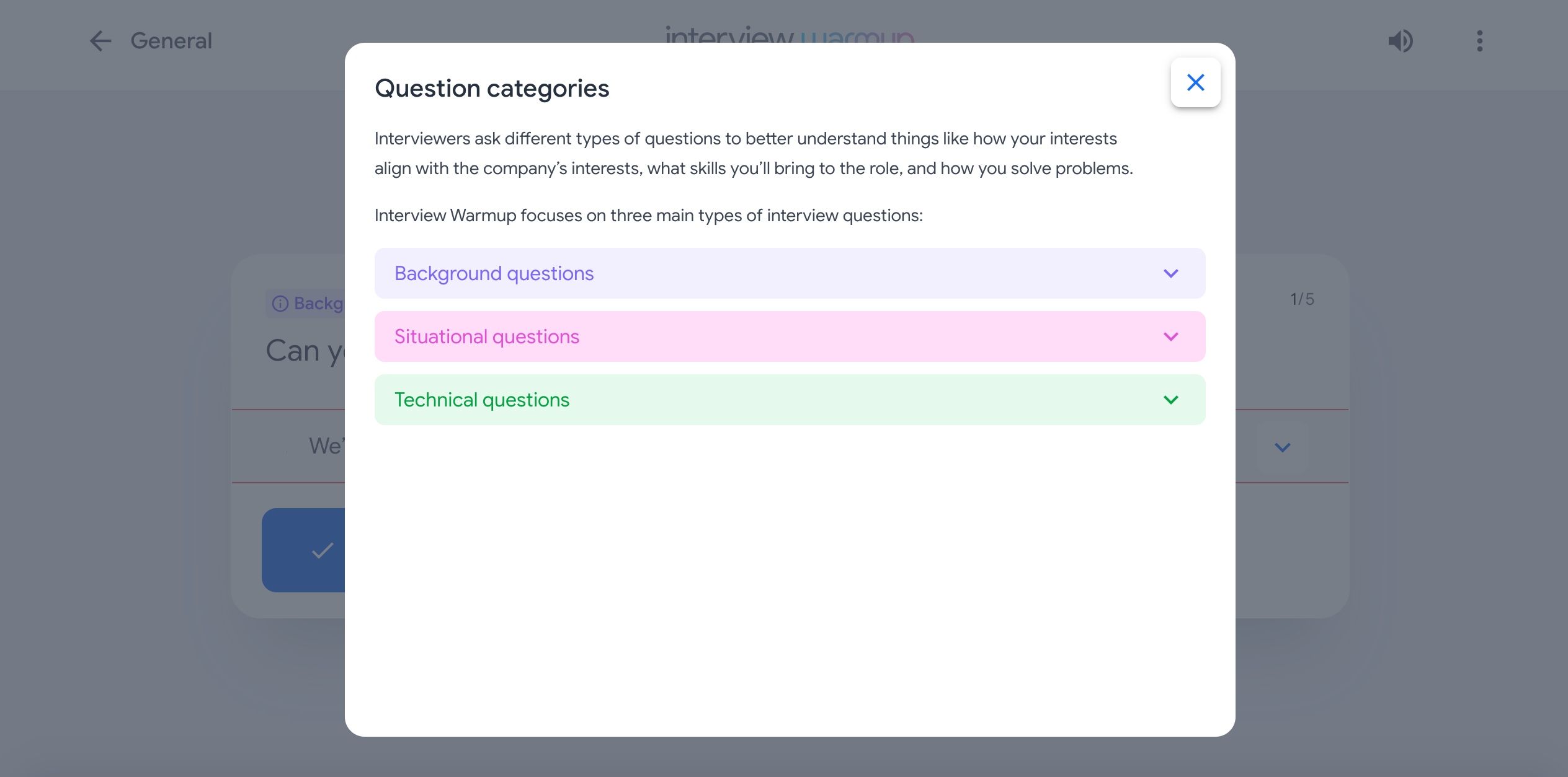 screenshot of interview warmup question categories