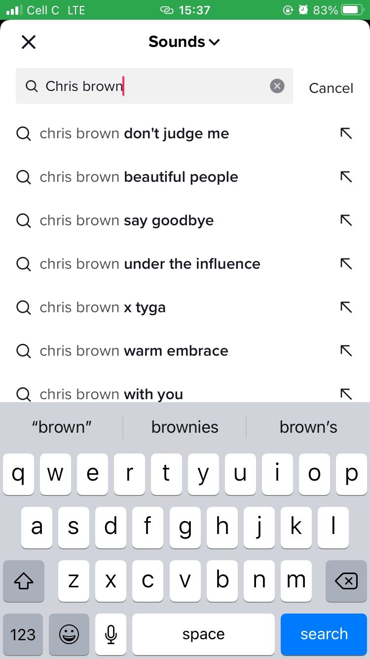 screenshot showing chris brown music search in tiktok library