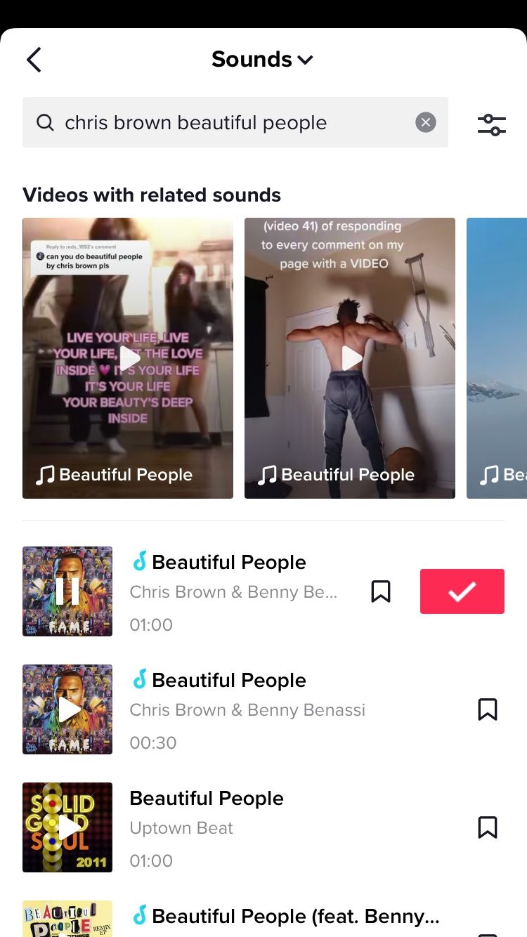 screenshot showing chris brown song selection in tiktok library