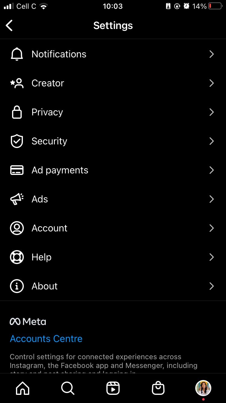 screenshot showing settings menu on instagram