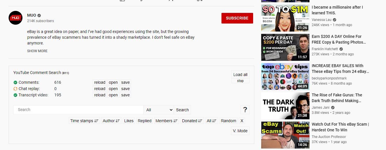 screenshot showing youtube comment search feature