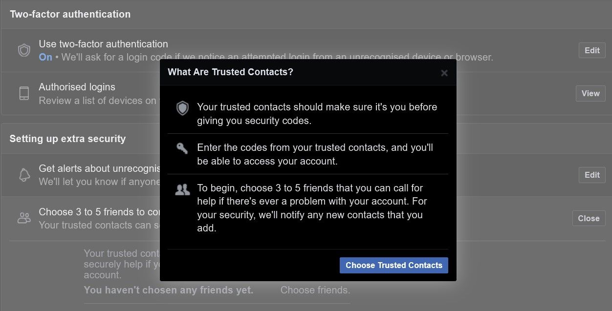 Настройка доверенных контактов на Facebook