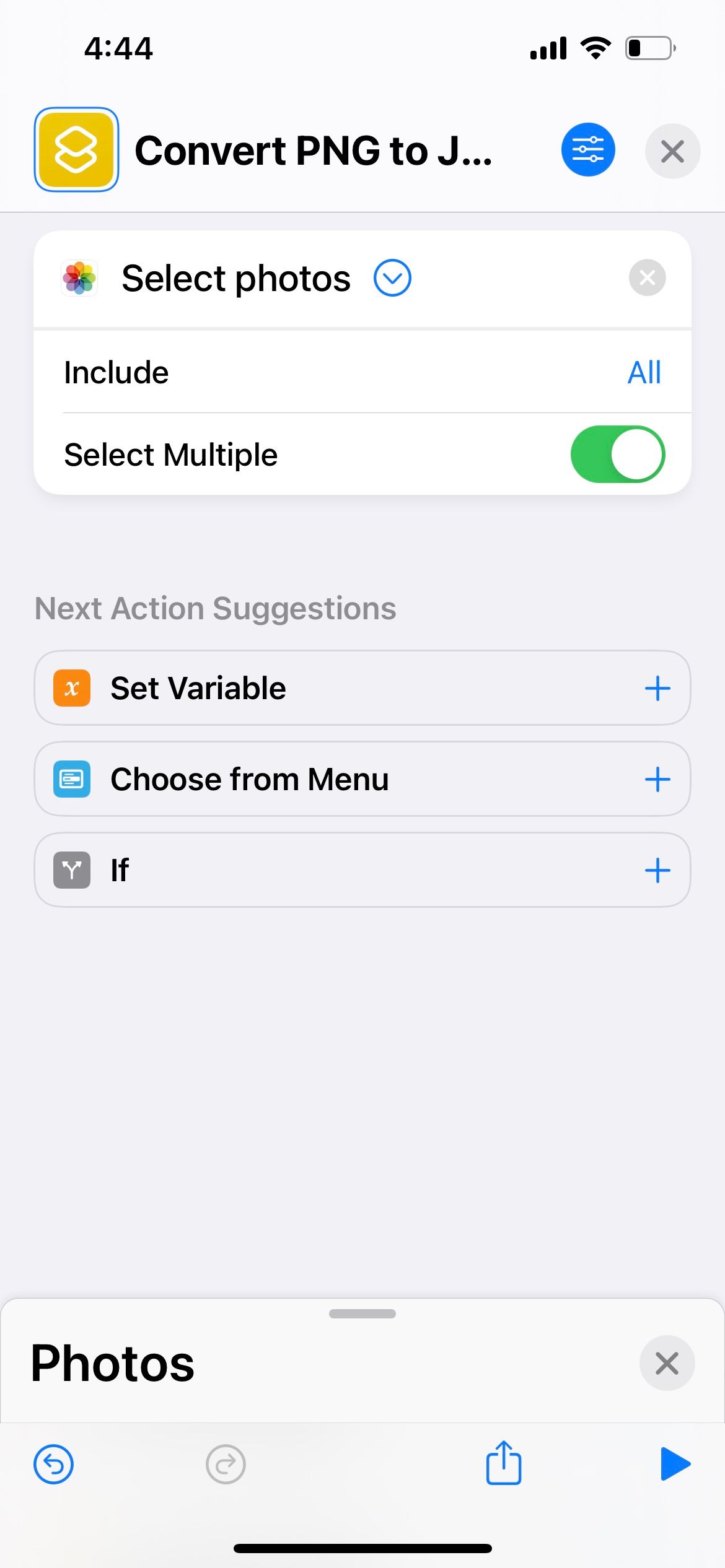 select photos action in iphone shortcuts