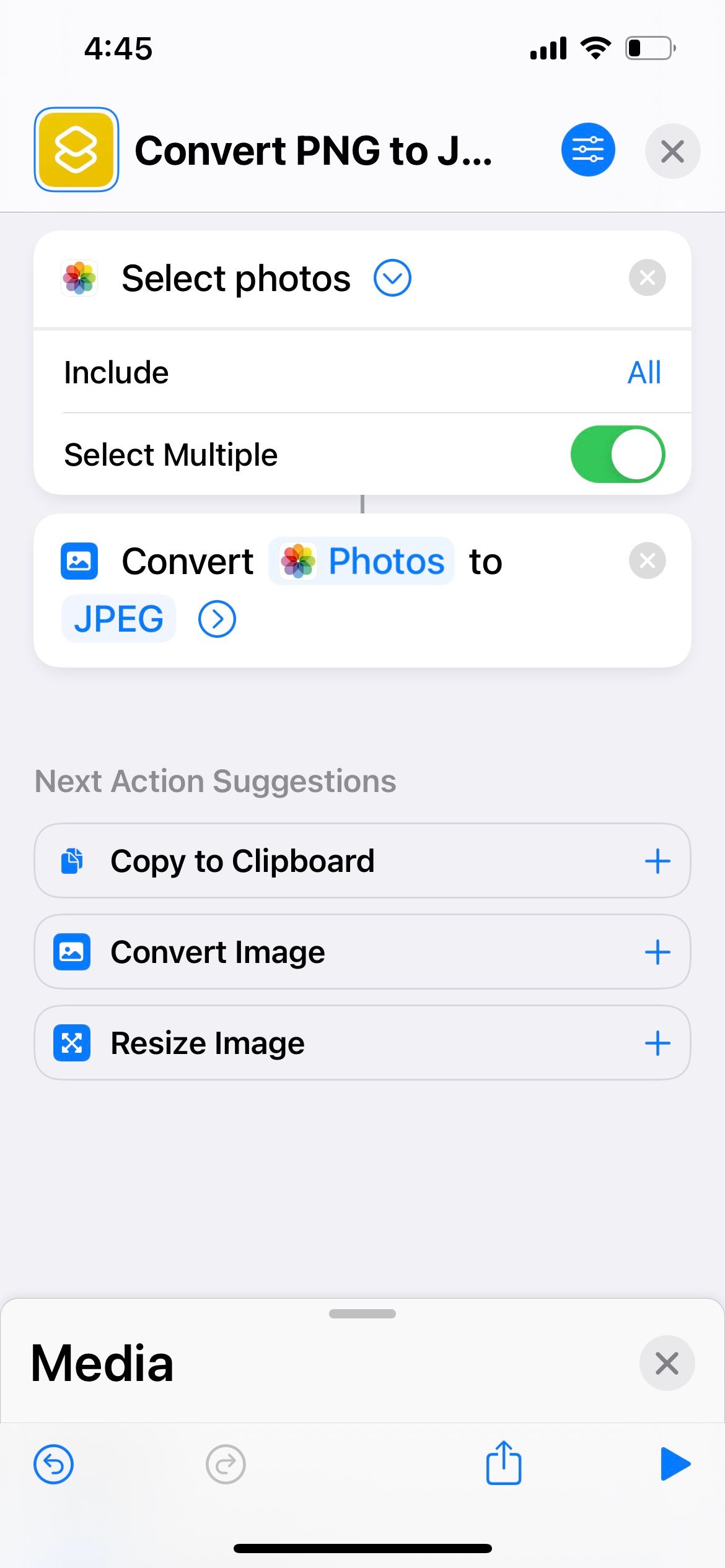 select photos and convert to jpeg actions added for iphone shortcut 