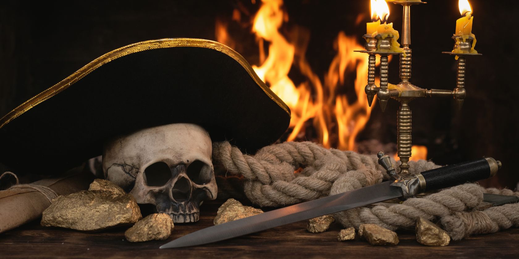 skull with pirate hat, gold, and sword