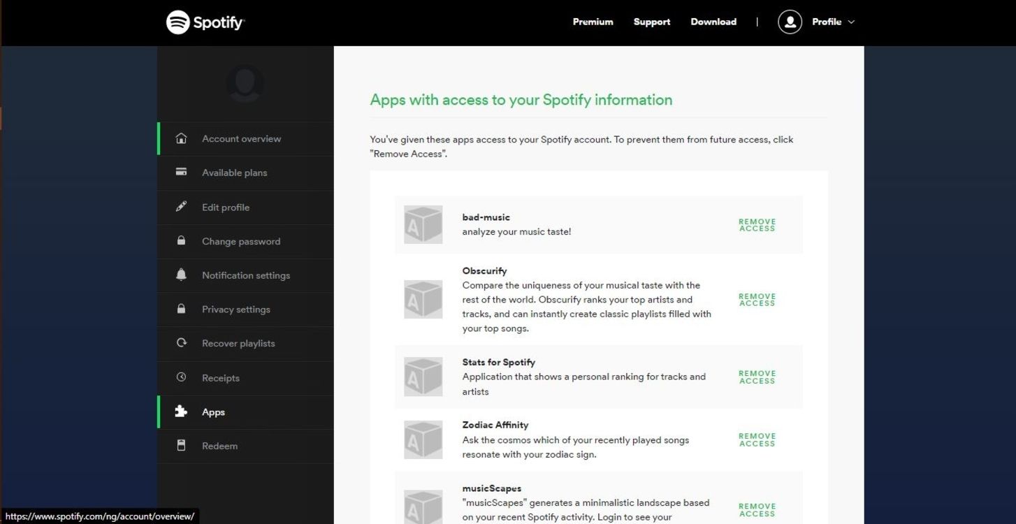 spotify access removal page