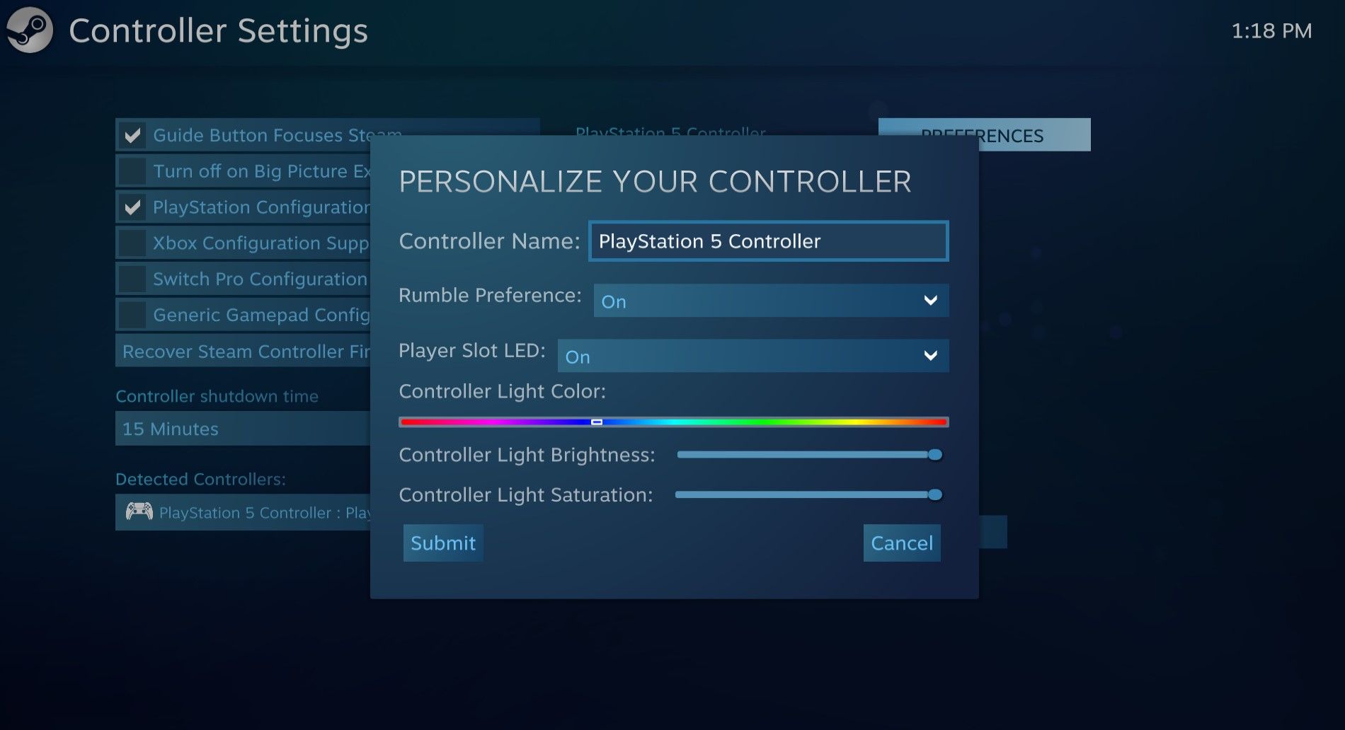 Adjusting Controller Lighting in Steam